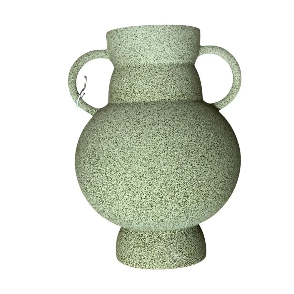Portugal Decor Pottery Vase Green Speckled Ceramic Double Handle Textured Urn